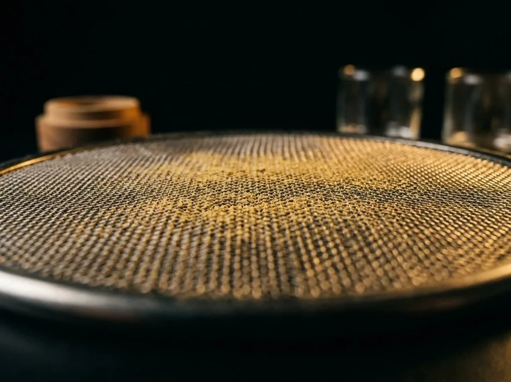 Golden resin heads on a fine sifting screen