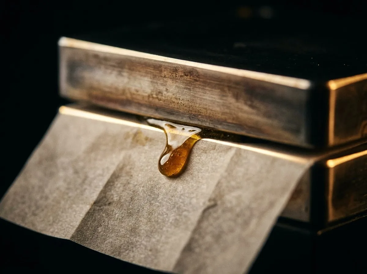 Hash rosin flowing from a heated press onto parchment