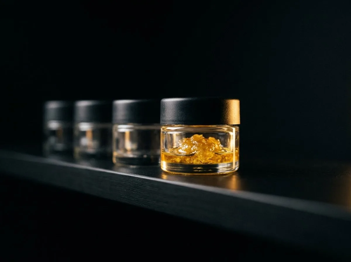 Hash rosin in a small glass jar with a black lid on a dark shelf