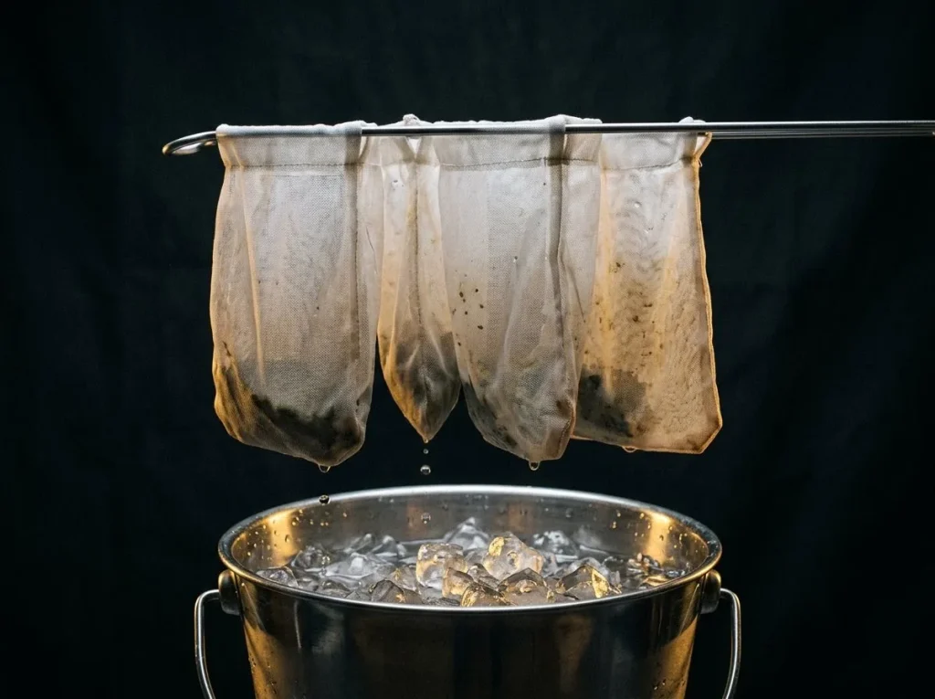 Micron bags hanging over a bucket of ice water