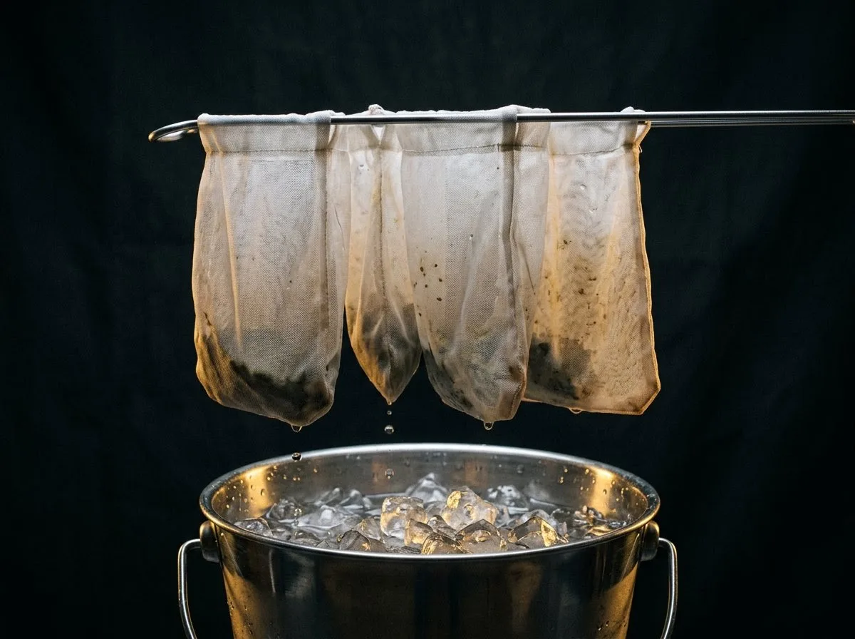 Micron bags hanging over a bucket of ice water