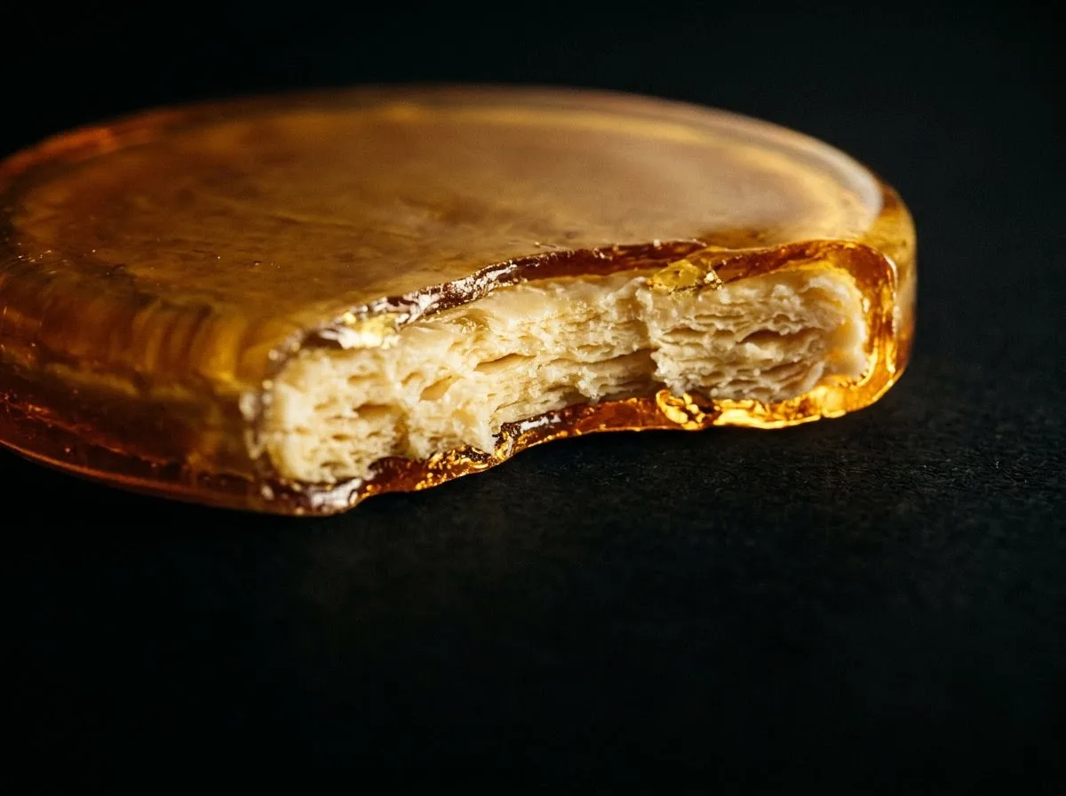 A disc of piattella broken open to show its creamy, layered inside