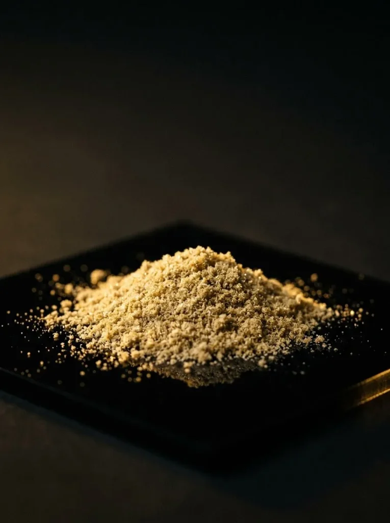 A pile of golden static sift hash on a black tray