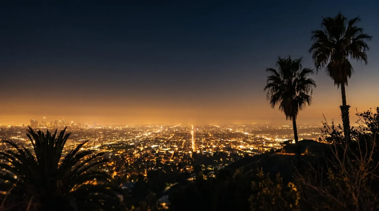 Los Angeles skyline at dusk with palm trees
