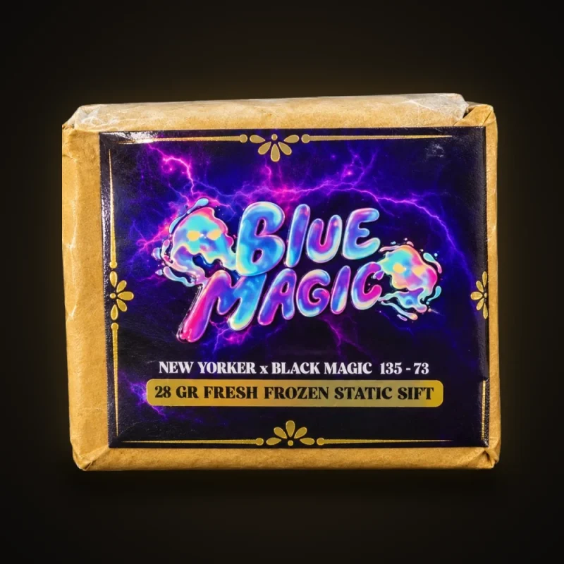 A 28 g pack of Blue Magic fresh frozen static sift, New Yorker x Black Magic 135–73