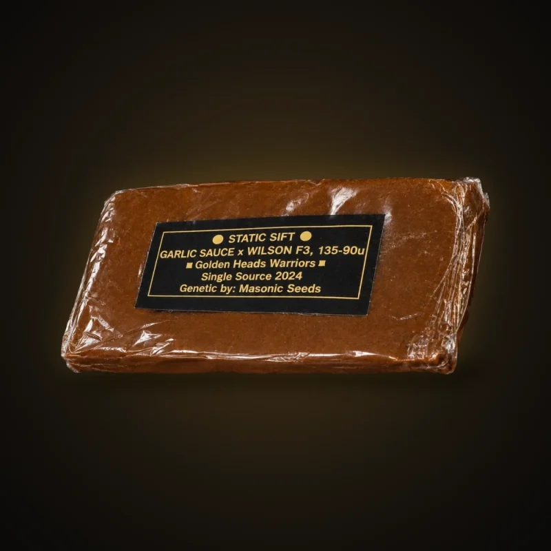 A slab of Garlic Sauce x Wilson F3 static sift, 135–90u, single source 2024, genetics by Masonic Seeds