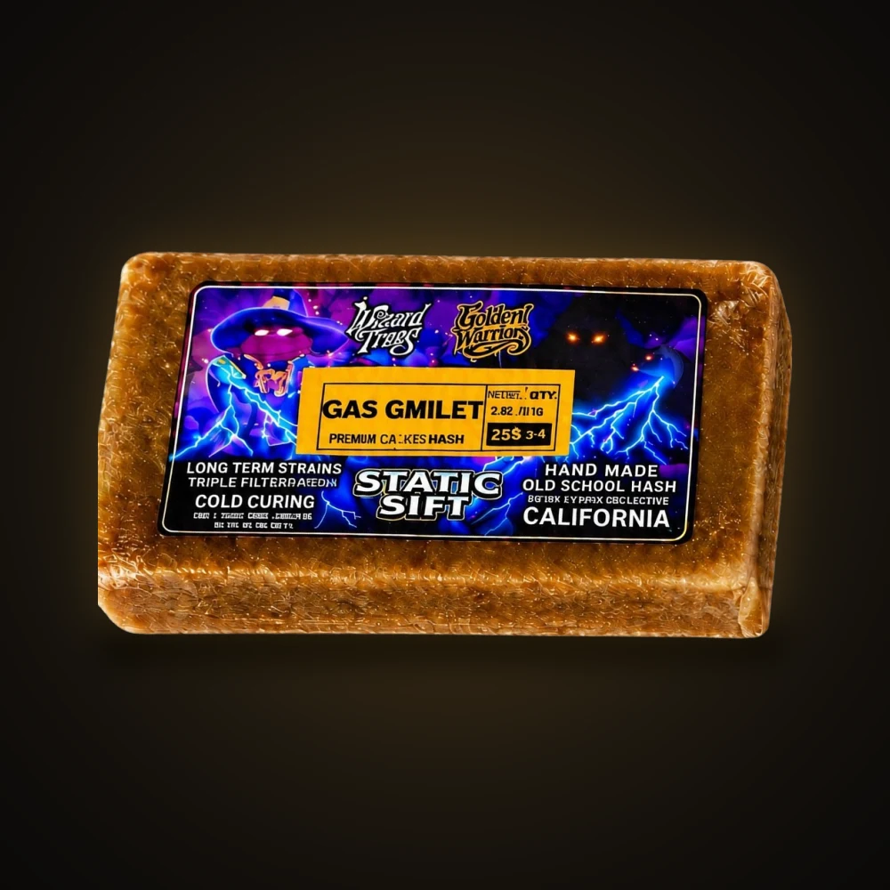 Gas Gimlet static sift slab A slab of Gas Gimlet static sift with the HEADS x Wizard Trees purple lightning label, hand made old school hash, California