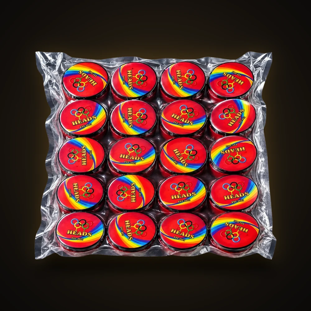 HEADS rainbow jars, 20-pack Twenty red HEADS Est. 2021 jars with rainbow lids, vacuum-sealed together