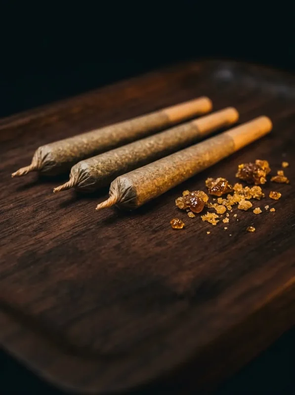 Three pre-rolls on a dark wooden tray with golden resin crumbs
