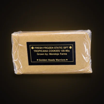 A paper-wrapped pack of Tropicana Cookies fresh frozen static sift, 135–90u, grown by Mendoja Farms