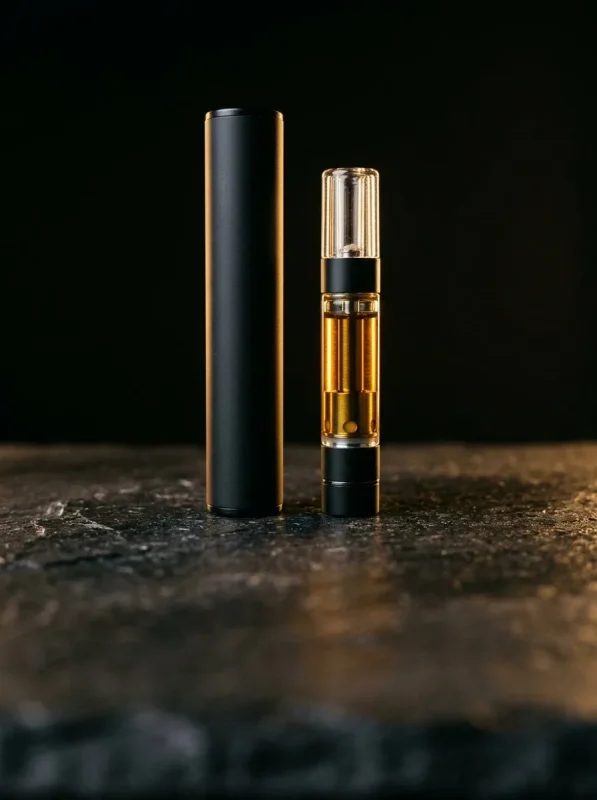 A matte black vape pen beside a cartridge of golden oil on dark slate