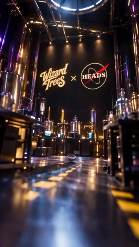 Wizard Trees x HEADS logos glowing above a resin lab